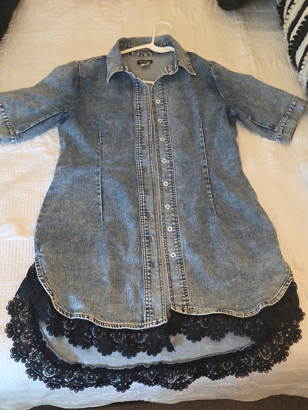 Venus Blue Denim-Style Button-Front Dress with Black Lace Trim